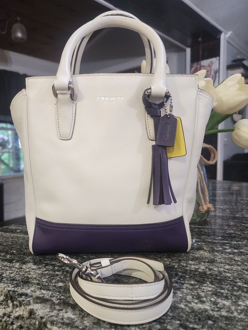 Coach Mini Tanner Satchel In White & Purple Leather with Tassel